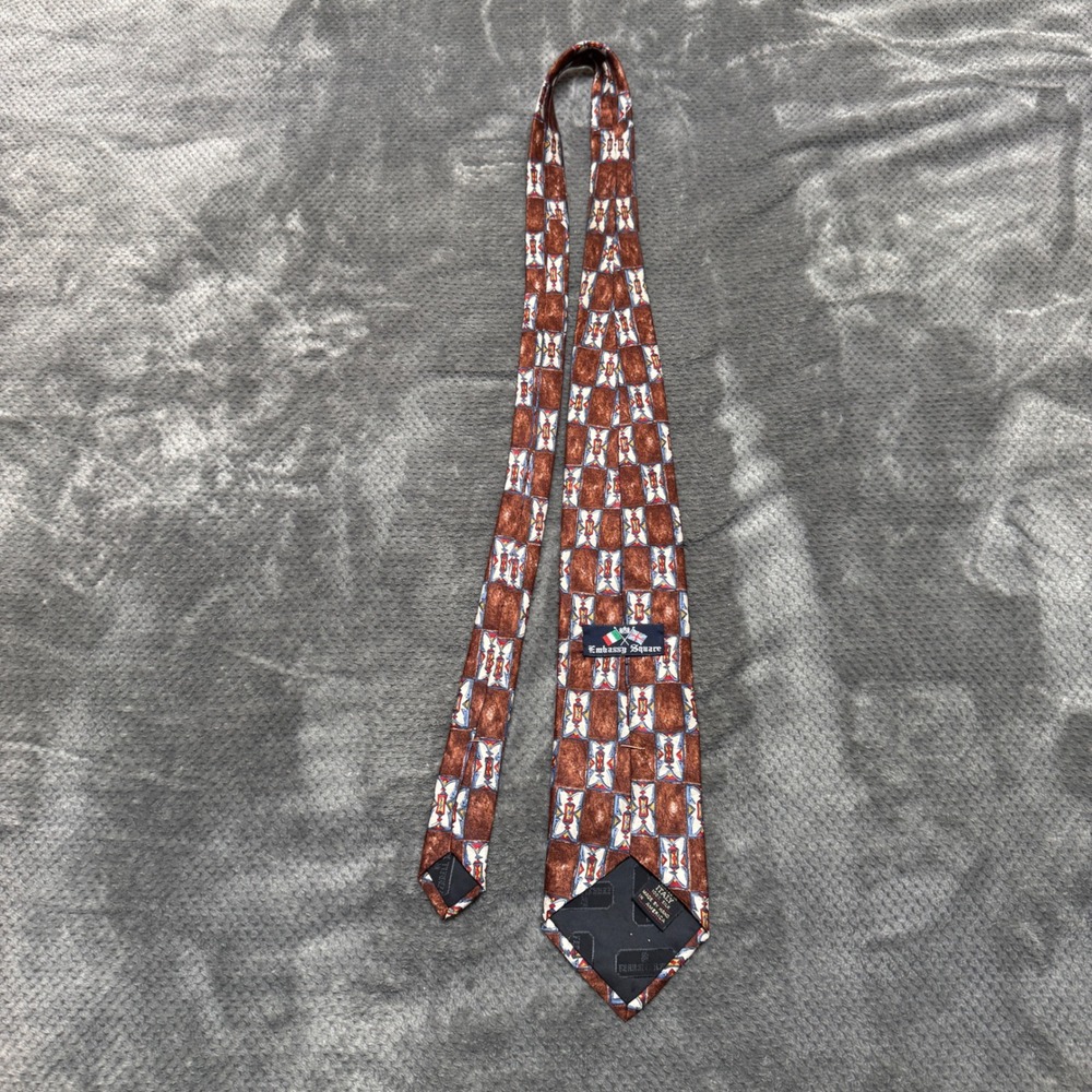 Embassy Square Mens Silk Tie Brown Geometric Print Made in USA Italian Fabric - Picture 3 of 8